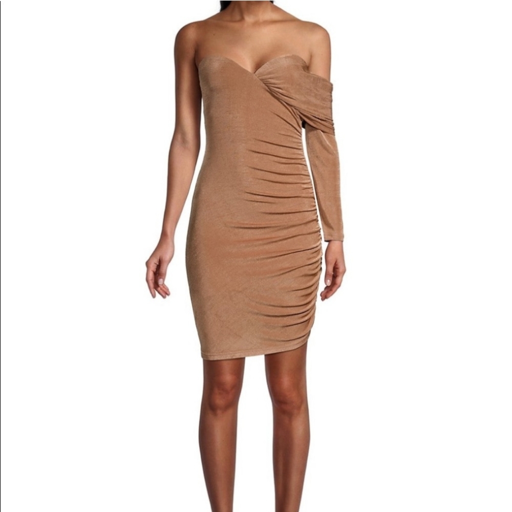 Tan Asymmetrical Ruched One-Shoulder Dress